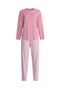 Roze longsleeve top met drie knopen bij de hals, gecombineerd met roze en witte gestreepte broeken, beide gemaakt van een zachte jersey stof.