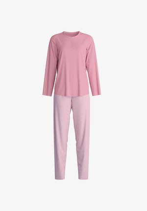 Maglietta rosa a maniche lunghe con tre bottoni sullo scollo, abbinata a pantaloni a righe rosa e bianchi, entrambi in morbido jersey.