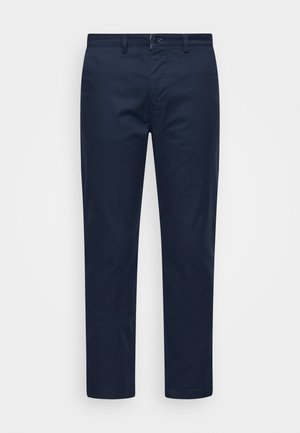 Marine-farbene Chinos aus einem Baumwoll-Mischgewebe, mit geradem Schnitt, Fronttaschen, Knopfverschluss und glatter Textur.