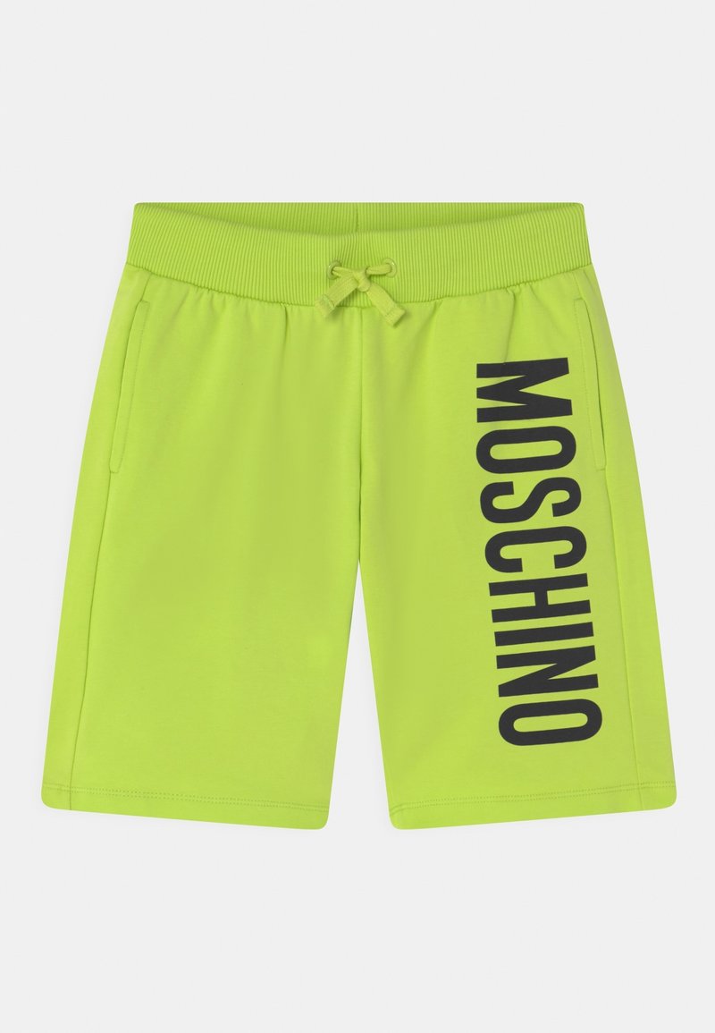 Neonově zelené šortky z měkké tkaniny s žebrovaným pasem, nastavitelnou šňůrkou a velkým černým potiskem "MOSCHINO" na boku.