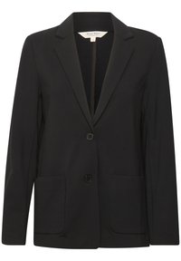 Zwarte blazer van soepel stof, met een notched kraag, twee voorzakken en een sluiting met één knoop. Eenvoudig en tailored ontwerp.
