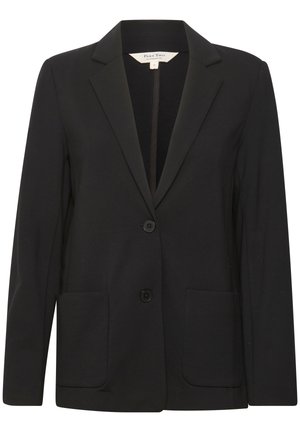 Black blazer made of smooth fabric, featuring a notched collar, two front pockets, and a single-button closure. Simple and tailored design.