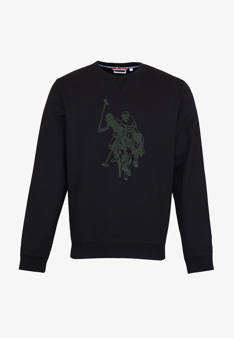 Schwarzes Sweatshirt mit langen Ärmeln und einem dunklen Motiv von zwei Polospielern, die auf Pferden reiten und Schläger schwingen, in der Mitte vorne.