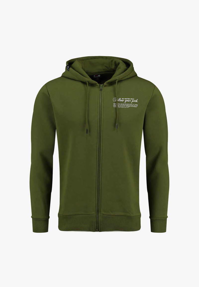 Olivgrüner Reißverschluss-Hoodie aus Baumwollmischung, mit Kängurutasche, verstellbarem Kordelzugkapuze und bedrucktem Textakzent auf der Brust.