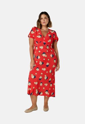 Rotes Blumenkleid mit Puffärmeln, V-Ausschnitt und taillierter Silhouette. Besitzt Muster aus cremefarbenen und marineblauen Blumen sowie einen mittellangen Saum.