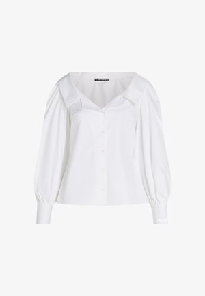 White button-up shirt with a wide collar, puffed long sleeves, and a fitted waist. Smooth cotton fabric with subtle sheen.