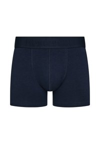 Navy blue boxer briefs made of soft fabric with a wide elastic waistband embossed with "Resteröds" and a contour pouch design.
