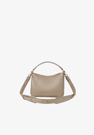 Beige Lederhandtasche mit geschwungener Form, kurzem Henkel und abnehmbarem flachem Riemen. Verfügt über goldfarbene Hardware und ein minimalistisches Design.