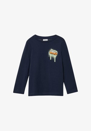 Navy blue long-sleeve shirt with round neck, featuring a graffiti-style "Cool" text with dripping paint on the left chest.