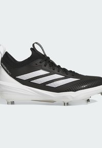 Black and white Adidas baseball cleat with metal studs, breathable upper, and "Adizero Impact" text on the heel area.