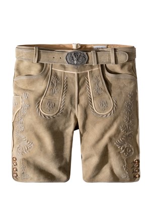 Wildledershorts in hellbraun mit dekorativer Stickerei an den Taschen und Seiten, ausgestattet mit silbernen Schnallen und Knopfakzenten am Saum.