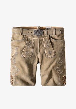 Nahkahousut vaaleassa ruskeassa sävyssä koristeellisella brodeerauksella taskuissa ja sivuilla, joissa on hopeiset soljet ja napit helman koristeena.