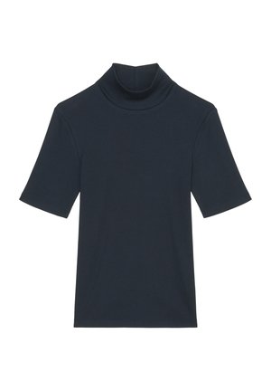 Top corto a maniche corte color blu navy scuro, realizzato in tessuto a coste. Presenta una silhouette aderente e una texture liscia.