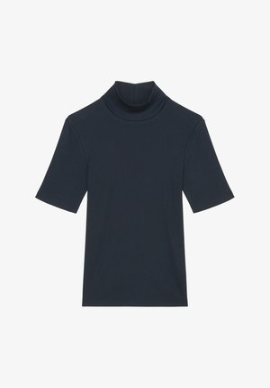 Haut de turtleneck à manches courtes de couleur bleu marine foncé en tissu côtelé. Présente une silhouette ajustée et une texture lisse.