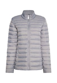 Lys grå pufferjakke med høj krave, der har vandrette kanaler, en frontlynlås og en glat, blank tekstur.