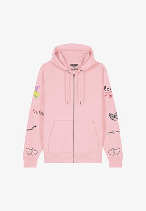 Roosa tõmblukuga kapuutsiga sviiter, mis on valmistatud pehmest kangast. Omab prinditud graafikat, sealhulgas lilli, liblikaid ja teksti varrukatel. Includes front pockets.