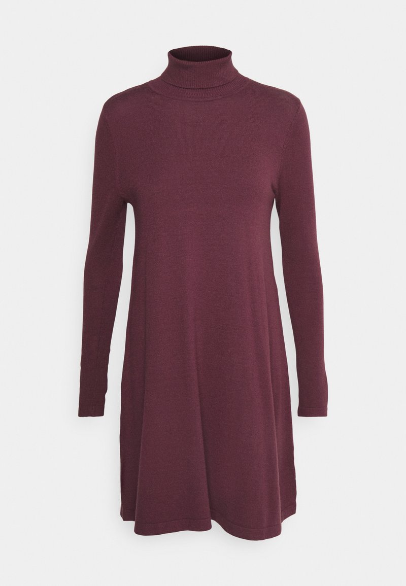 Langärmliges Rollkragenkleid aus dunkelburgunderfarbenem Strickstoff, mit einem lässigen Schnitt und gerader Silhouette, das am Saum knapp oberhalb des Knies endet.