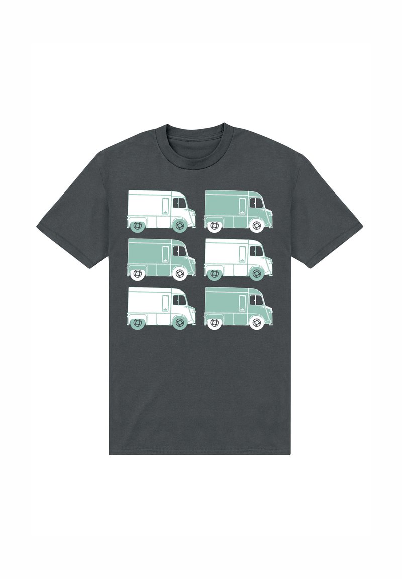Tmavě šedé tričko s šesti stylizovanými ilustracemi světle modrých food trucků v různých orientacích, obkreslenými bílými detaily.