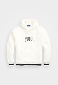 Sudadera blanca de felpa con bolsillo frontal, texto "POLO" negro, cordones y puños y dobladillo a rayas negras.