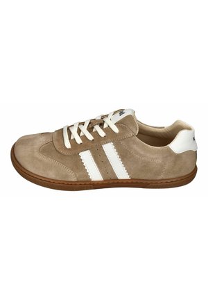 Beige suede sneaker with white stripes, round toe, flat laces, and rubber sole. Features scalloped edges and a padded collar.