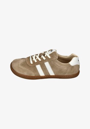 Beige suede sneaker with white stripes, round toe, flat laces, and rubber sole. Features scalloped edges and a padded collar.
