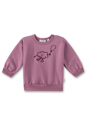 Lilafarbener Pullover mit langen Ärmeln, gerippten Bündchen und Saum. Verfügt über ein süßes gesticktes Design mit einer Wolke und einem Ballon auf der Vorderseite.