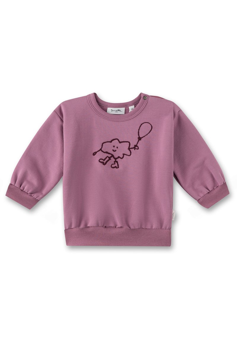 Lilac sweatshirt with long sleeves, ribbed cuffs, and waist. Features a cute cloud and balloon embroidered design on the front.