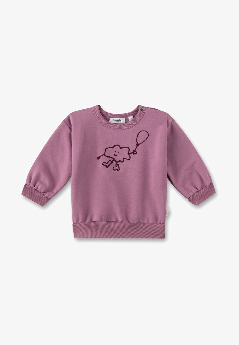 Lilac sweatshirt with long sleeves, ribbed cuffs, and waist. Features a cute cloud and balloon embroidered design on the front.