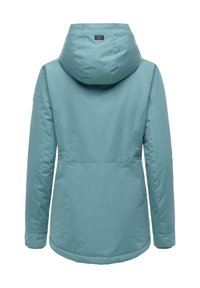 Teal, water-resistant jacket featuring a hood, two side pockets, and a slightly curved hem. Smooth texture with minimal accents.