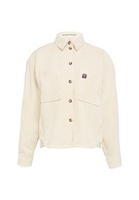 Crème corduroy overhemd met een knoopsluiting aan de voorkant, twee borstzakken en een klein label. Beschikt over een klassiek kraag en ribbeltextuur.