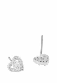 Silver hjärtformade örhängen har en central klar sten omgiven av små rhinestones, med en postback för säker fastsättning.