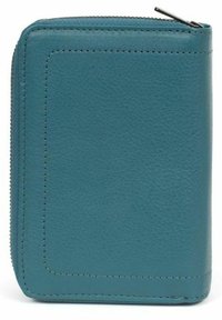 Portefeuille en cuir turquoise au toucher lisse, de forme rectangulaire et à fermeture éclair. Présente des coutures précises et un design minimaliste.