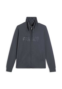 Felpa grigia scuro con zip e colletto alto, con la scritta "FREDDY" in strass sulla parte anteriore e due tasche laterali. Tessuto liscio.