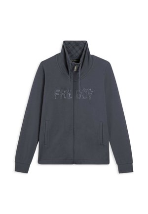 Felpa grigia scuro con zip e colletto alto, con la scritta "FREDDY" in strass sulla parte anteriore e due tasche laterali. Tessuto liscio.