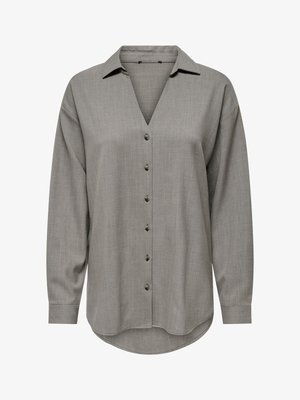 Grå skjorte med lange ærmer og knapper, med V-hals og buet kant, designet i en løs pasform i let stof.