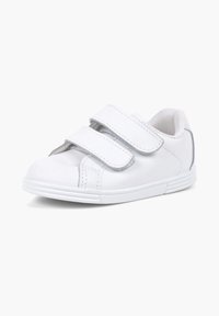 Weiße Velcro-Sneaker aus glattem Leder mit runder Zehenform und horizontalen Nähten. Sie verfügen über ein Netzfutter und eine strukturierte Gummisohle.