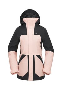 Zwarte en roze waterdichte jas met een capuchon, voorzien van geometrische ontwerplijnen, ritszakken en verstelbare manchetten. Slank, modern silhouet.