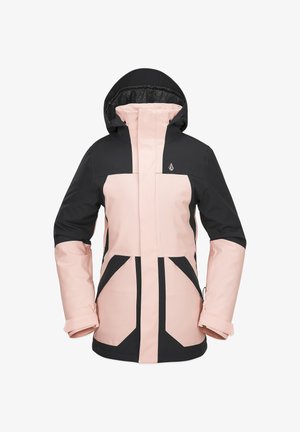 Black and pink waterproof jacket with a hood, featuring geometric design lines, zippered pockets, and adjustable cuffs. Sleek, modern silhouette.