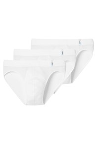 Slips in cotone bianco in confezione da tre, con una texture liscia, una fascia elastica in vita e un'etichetta sul lato sinistro anteriore di ciascun pezzo.