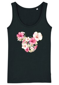 Canotta nera con un design floreale in rosa e bianco, che forma il profilo di Mickey Mouse, con una texture liscia e colletto a girocollo.