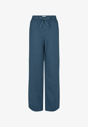 Kalhoty s širokým střihem v tmavě modré barvě, vyrobené z lehké tkaniny. Mají elastický pas s odpovídajícími šňůrkami. Hladká textura bez vzorů.