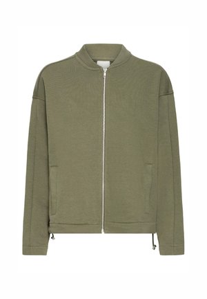 Olivgrön zip-up jacka gjord av mjukt tyg, med uppvikt krage, två sidofickor och justerbar dragsko i nederkant.