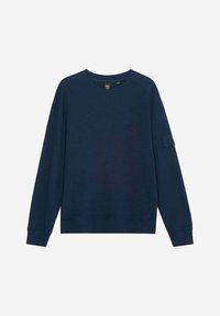 Felpa blu navy a maglia con maniche lunghe, scollatura a girocollo e tasca sul manico sinistro. Tessuto morbido, vestibilità casual e orlo a coste.