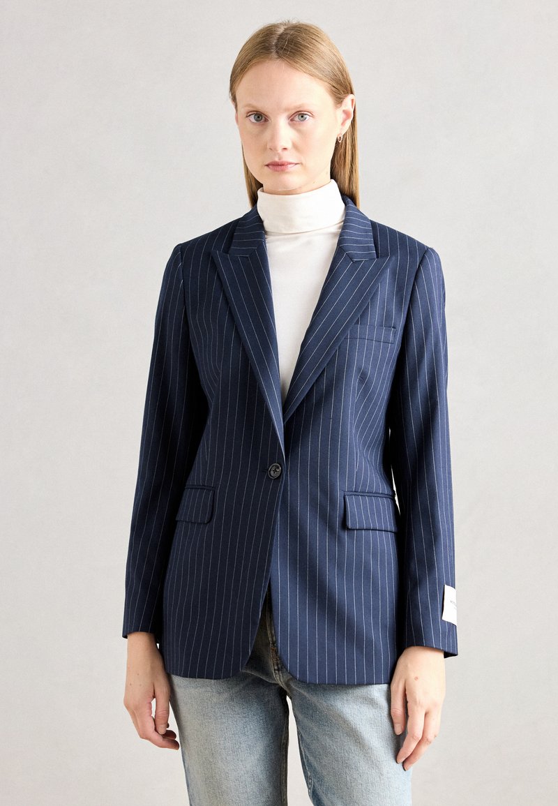 Navy pinstriped blazer with a tailored design, single button closure, two front pockets, and a soft fabric texture.
