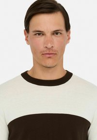 Jonge man met kort donker haar, die een twee-kleurige trui draagt met een crèmekleurig bovenstuk en een donkerbruine onderkant, die recht vooruit kijkt.