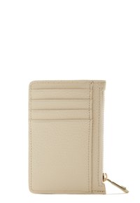 Beige leather wallet with multiple card slots and a zippered compartment, featuring a textured finish and gold-tone hardware accent.