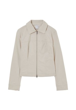 Giacca zip-up beige chiaro con maniche lunghe, colletto a punta e dettagli di cucitura visibili sul davanti e sui polsini.