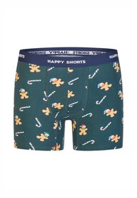 Bokserki na ciemnozielonym tle, zdobione wzorem piernikowych ludzików i lasek cukrowych; elastyczny pasek z napisem "HAPPY SHORTS".