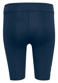 Marineblauwe sportshorts, rekbare stof, lengte tot halverwege de dijen, aansluitend ontwerp, met een gladde textuur en een klein logo aan de zijkant.
