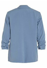 Vue de dos d'un blazer bleu clair avec des manches longues légèrement froncées et un col cranté.